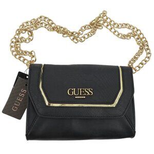 GUESS Valora Black Faux Leather Gold Chain Convertible Crossbody Belt Bag NEW